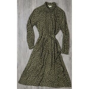 Lucky Brand Womens M Olive Green Leopard Print Button Front Midi Shirt Dress